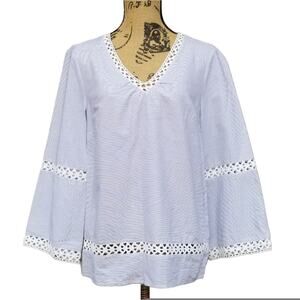 Size S Coastal Top Crochet Trim Blue White Nautical Stripe Small V-Neck New